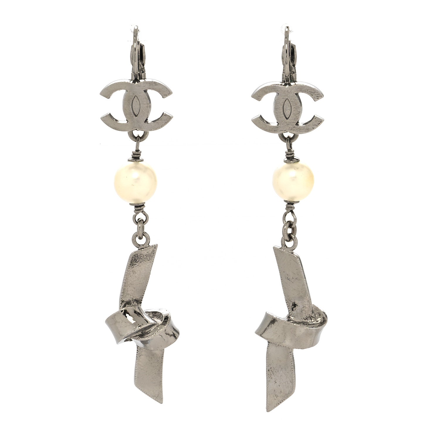 Chanel Ruthenium Pearl CC Ribbon Drop Earrings 1 of 4