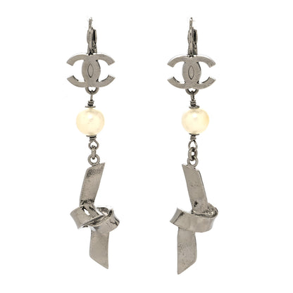 Chanel Ruthenium Pearl CC Ribbon Drop Earrings 1 of 4
