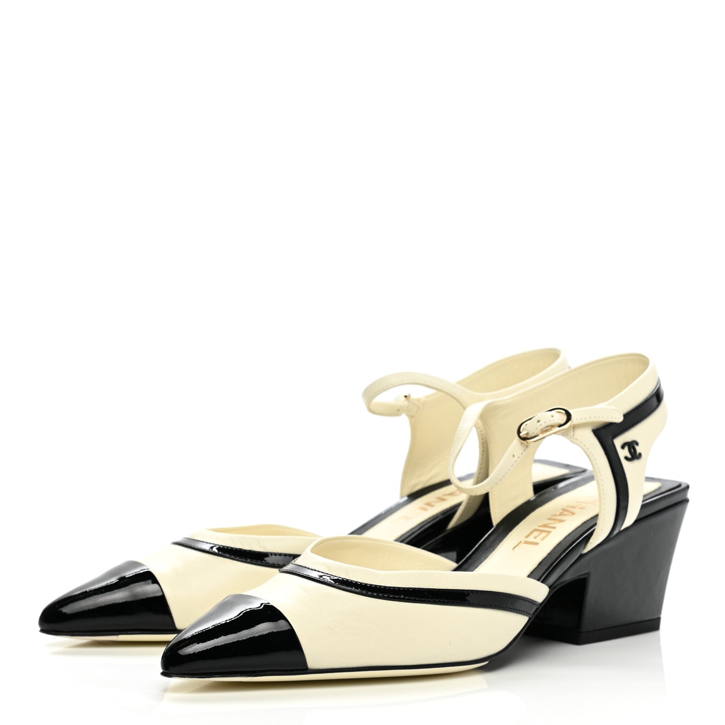 Lambskin Patent Cap Toe CC Slingback Sandals 38 Ivory Black