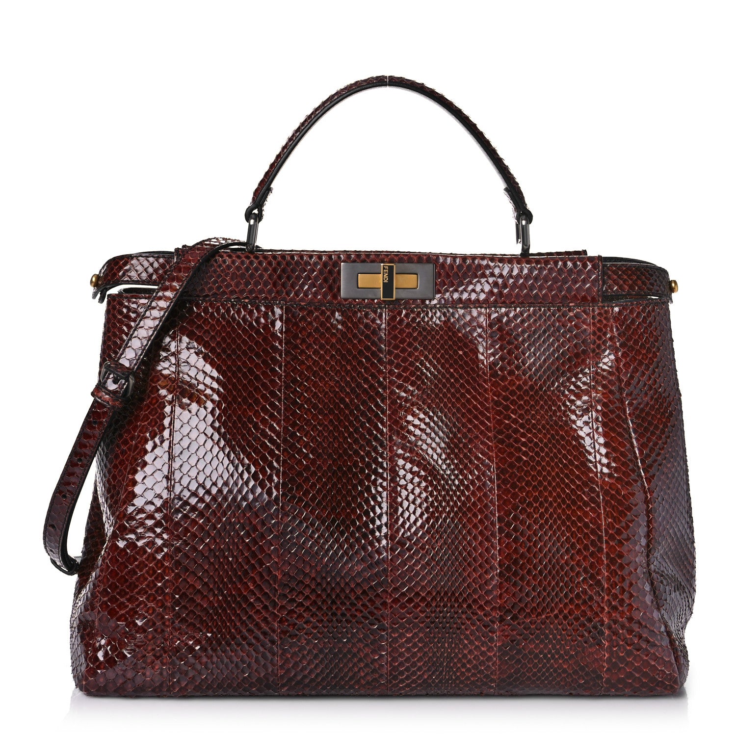 Fendi Snakeskin Medium Peekaboo Iconic Satchel Burgundy 1 of 16