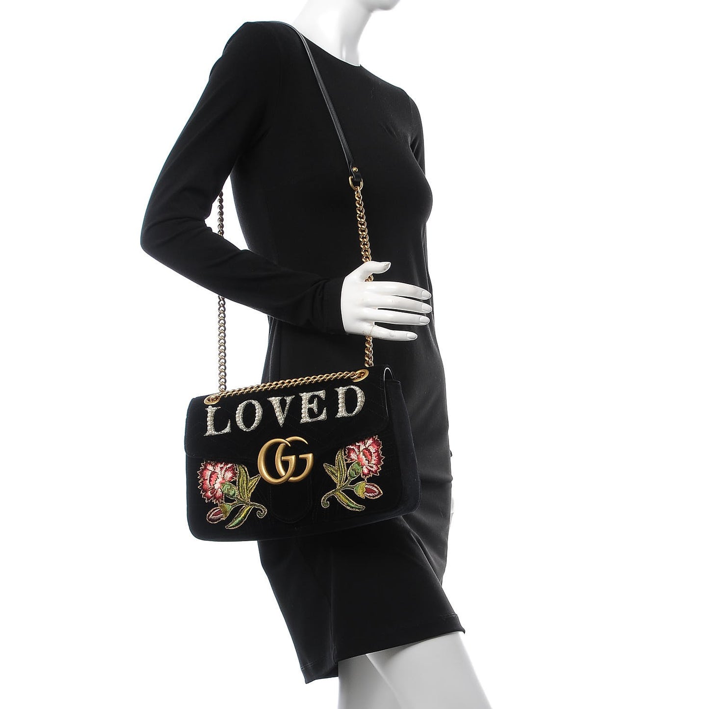 Velvet Matelasse Loved Embroidered Medium GG Marmont Shoulder Bag Black