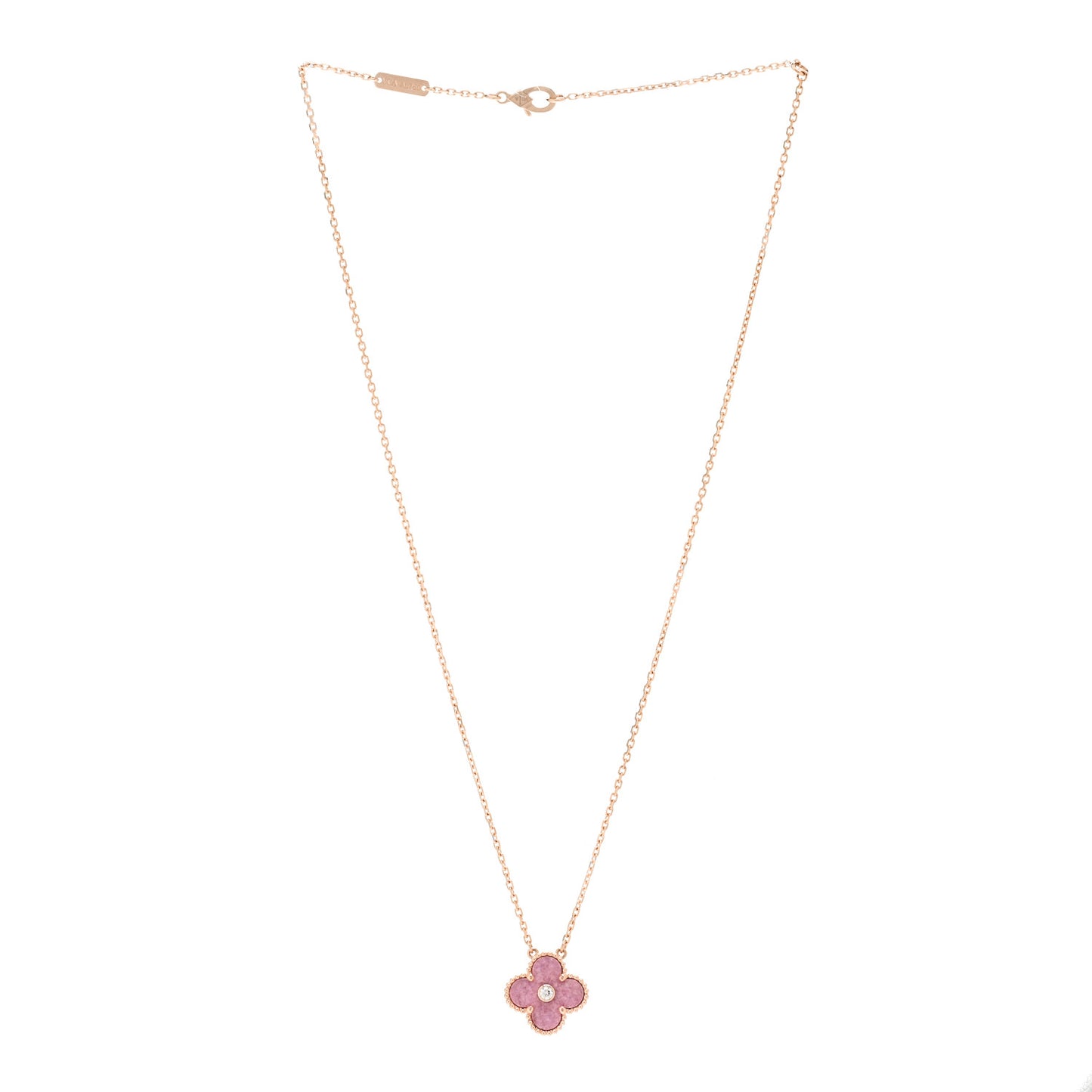 18K Rose Gold Diamond Rhodonite Vintage Alhambra Pendant Necklace