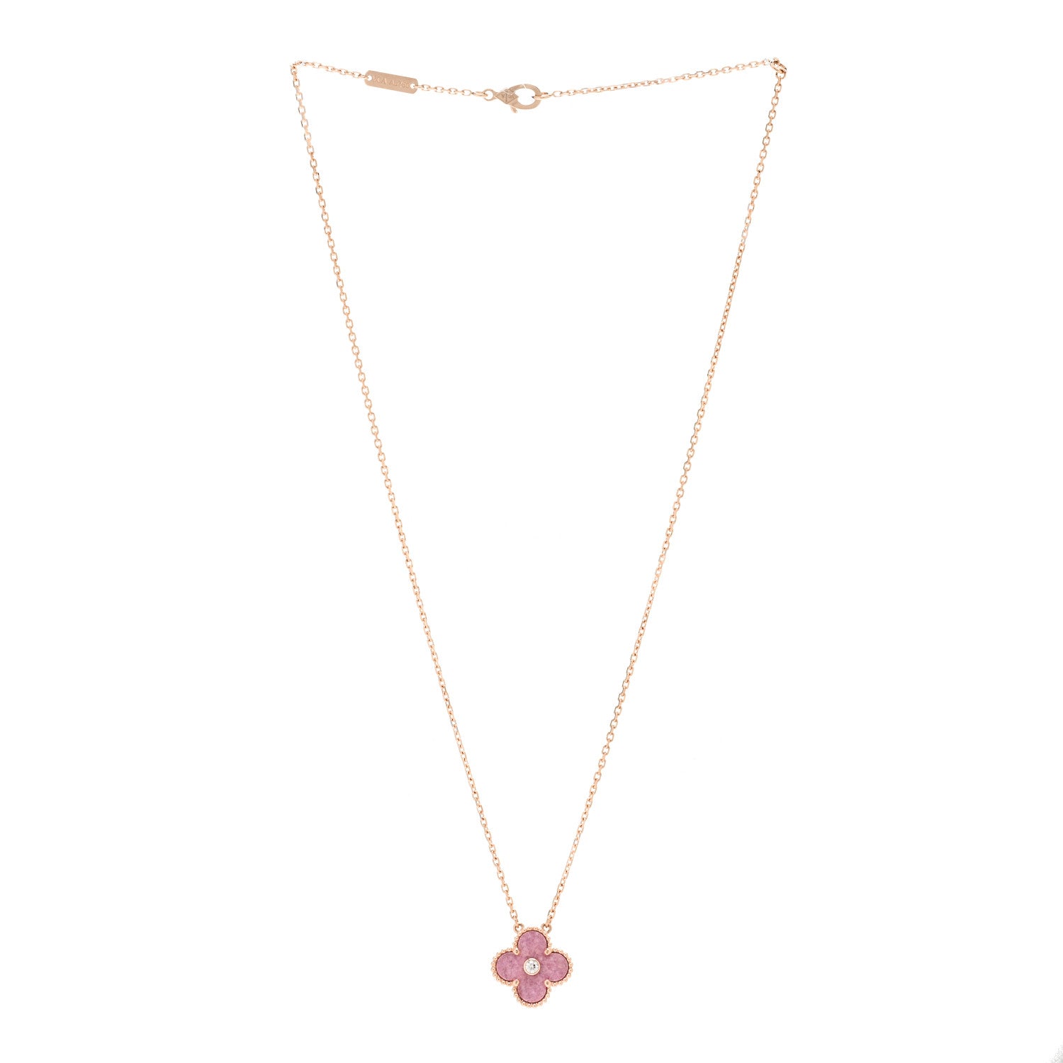 Van Cleef & Arpels 18K Rose Gold Diamond Rhodonite Vintage Alhambra Pendant Necklace 3 of 6