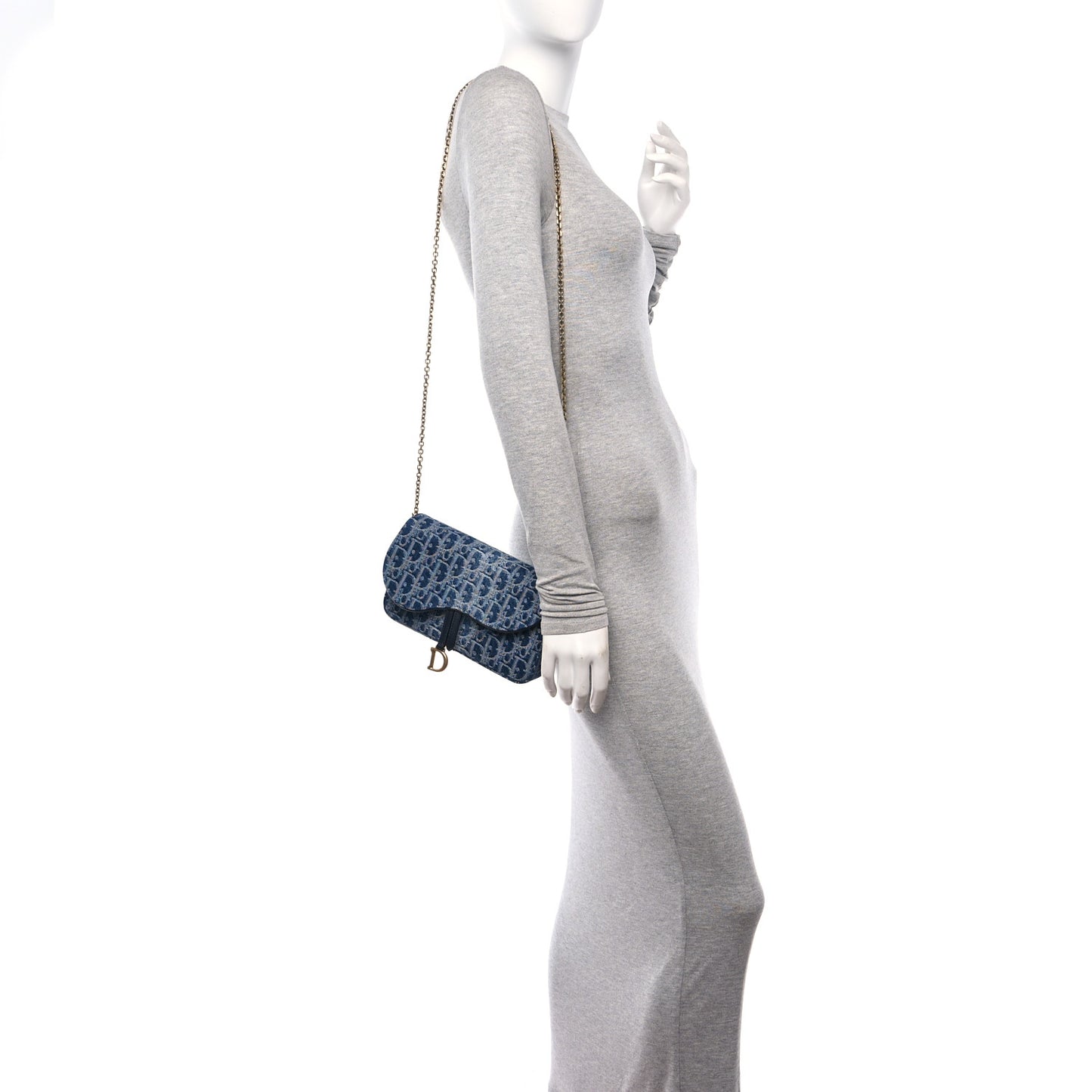 Oblique Denim Saddle Chain Long Wallet Blue