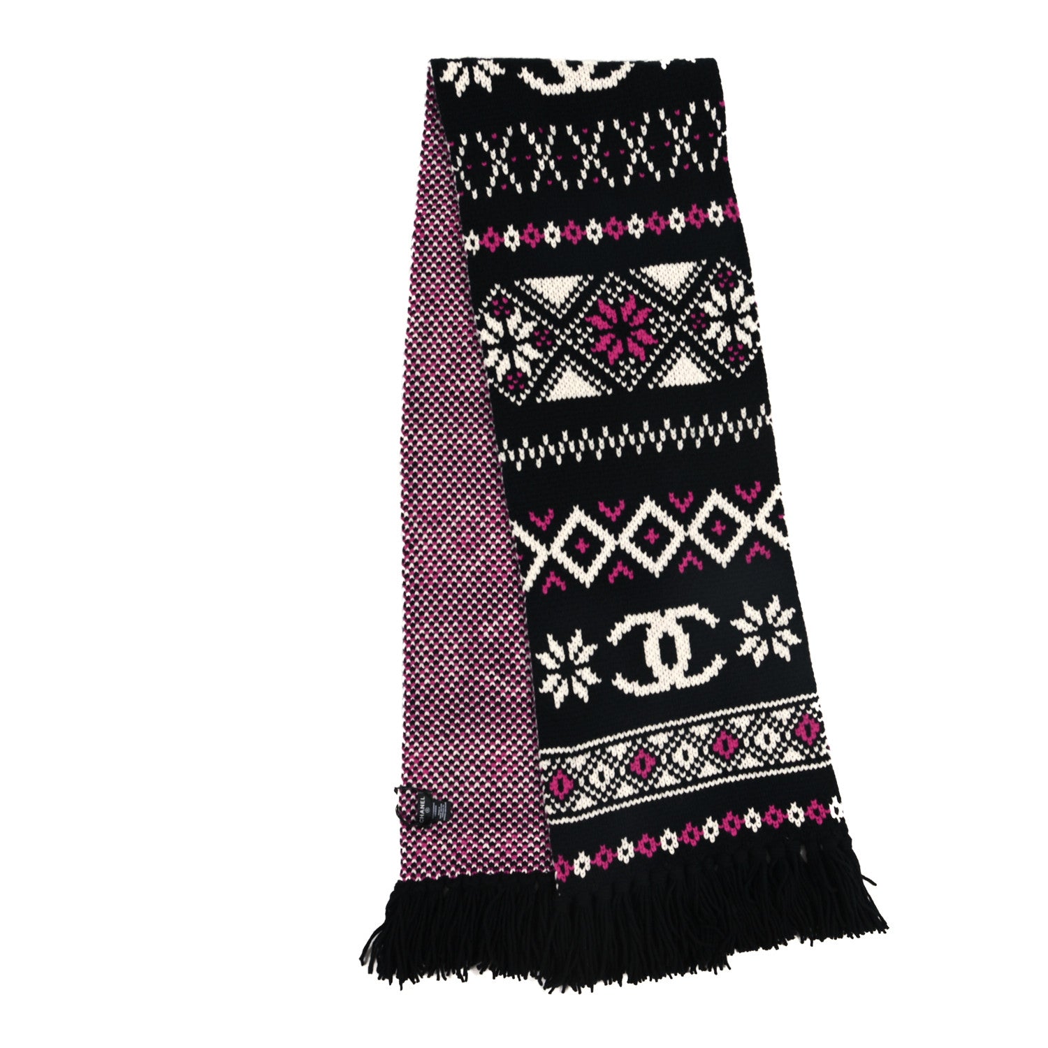 Chanel Cashmere Edelweiss CC Fringe Scarf Black White Pink 2 of 3