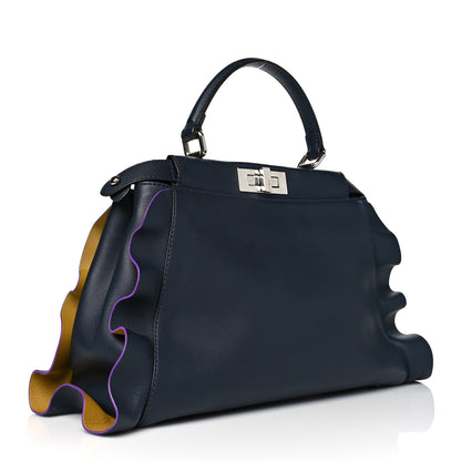 Fendi Vitello Seta Waves Bi-Color Medium Peekaboo Iconic Satchel Blue Notte Mostarda 4 of 13