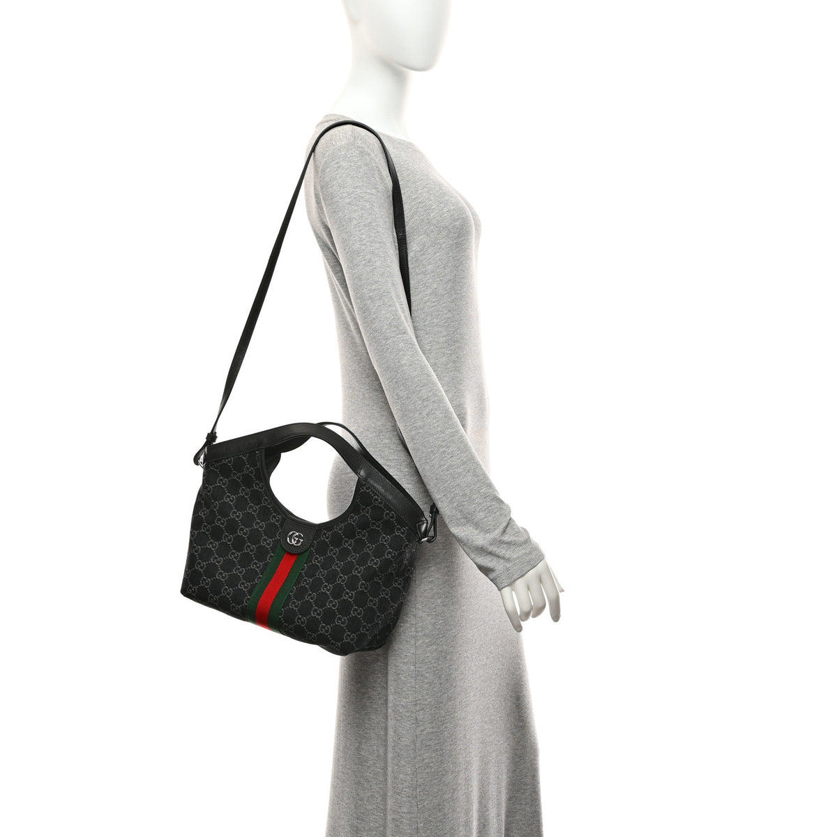 Gucci Denim GG Monogram Web Small Giglio Tote Black Ivory 2 of 10