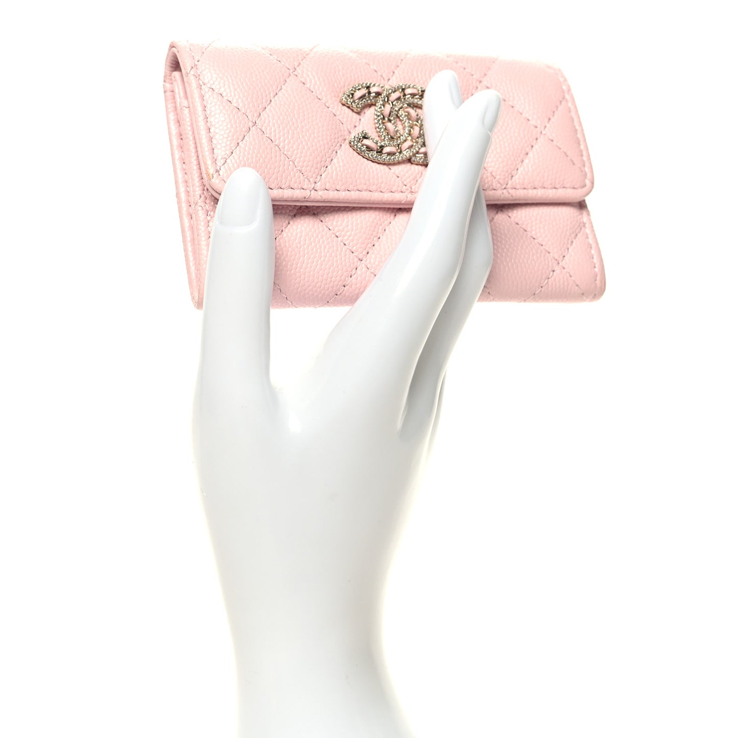 Caviar Quilted Crystal CC Flap Card Holder Pink