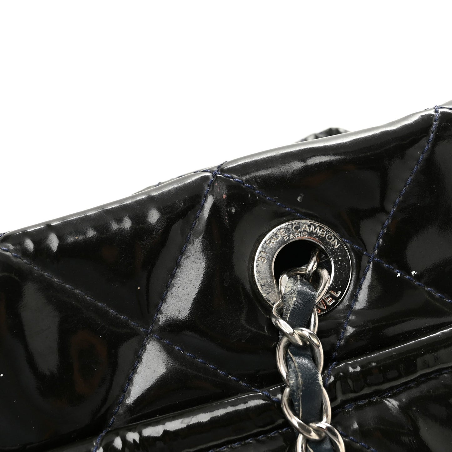 Patent Quilted Timeless CC Soft Tote Blue