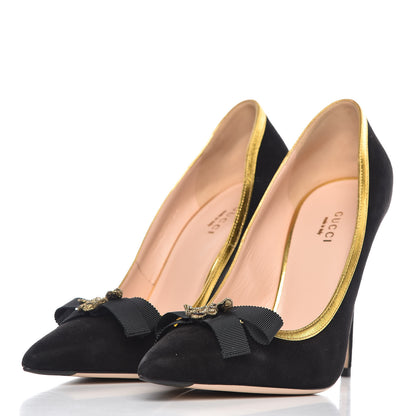 Gucci Suede Calfskin Embroidered Bee Bow Pumps 38 Black 2 of 13