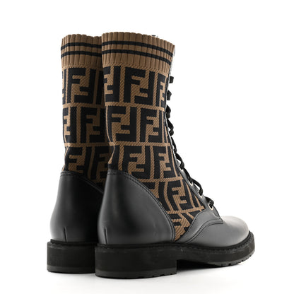 Fendi Calfskin Stretch Fabric FF Rockoko Biker Boots 39 Black Tobacco 4 of 7