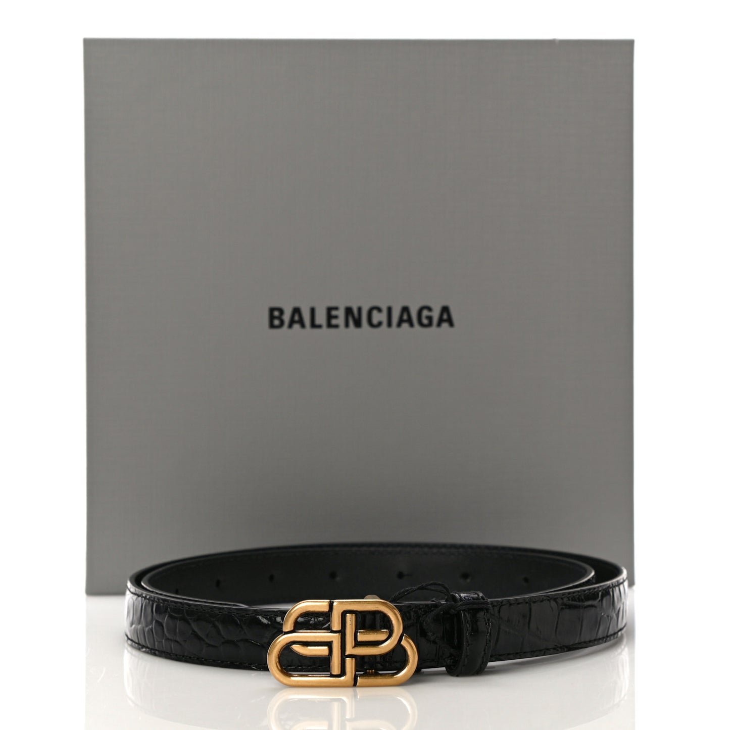 Shiny Calfskin Crocodile Embossed BB 20mm Thin Belt 85/34 Black