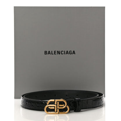 Balenciaga Shiny Calfskin Crocodile Embossed BB 20mm Thin Belt 85/34 Black 7 of 7