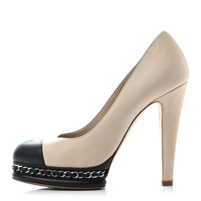 Chanel Calfskin CC Cap Toe Platform Chain Pumps 37 Beige Black 1 of 11