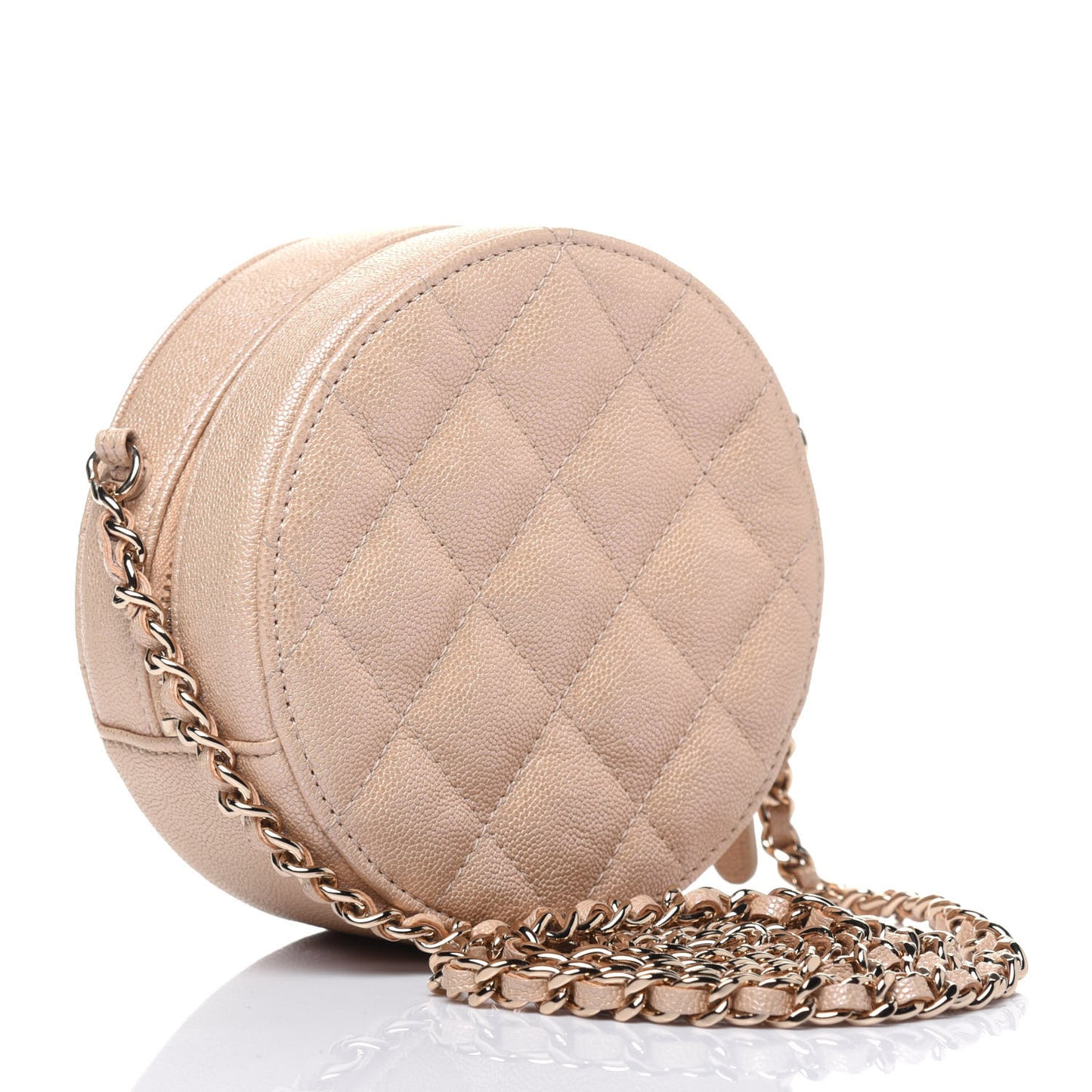 Iridescent Caviar Quilted Round Clutch With Chain Beige