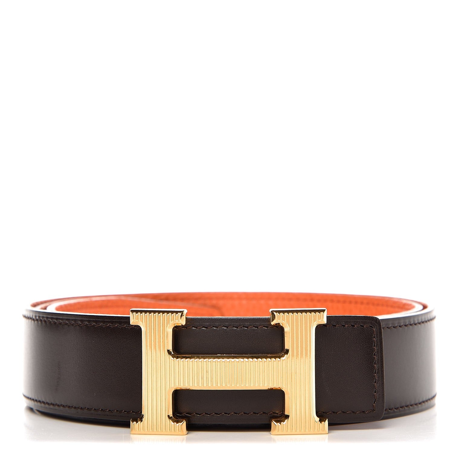 Hermes Box Togo Strie 32mm H Belt 95 Chocolate Orange 1 of 7