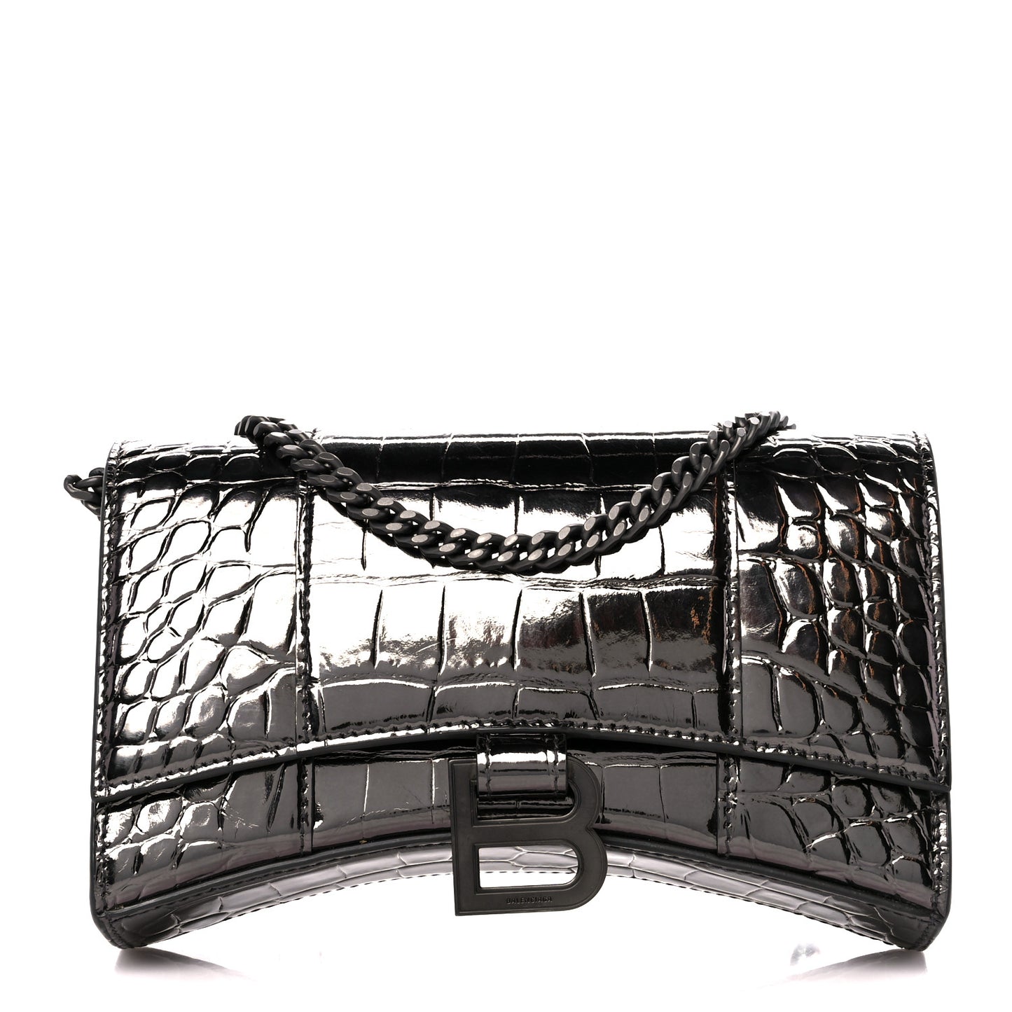 Shiny Calfskin Crocodile Embossed Hourglass Chain Bag Gunmetal