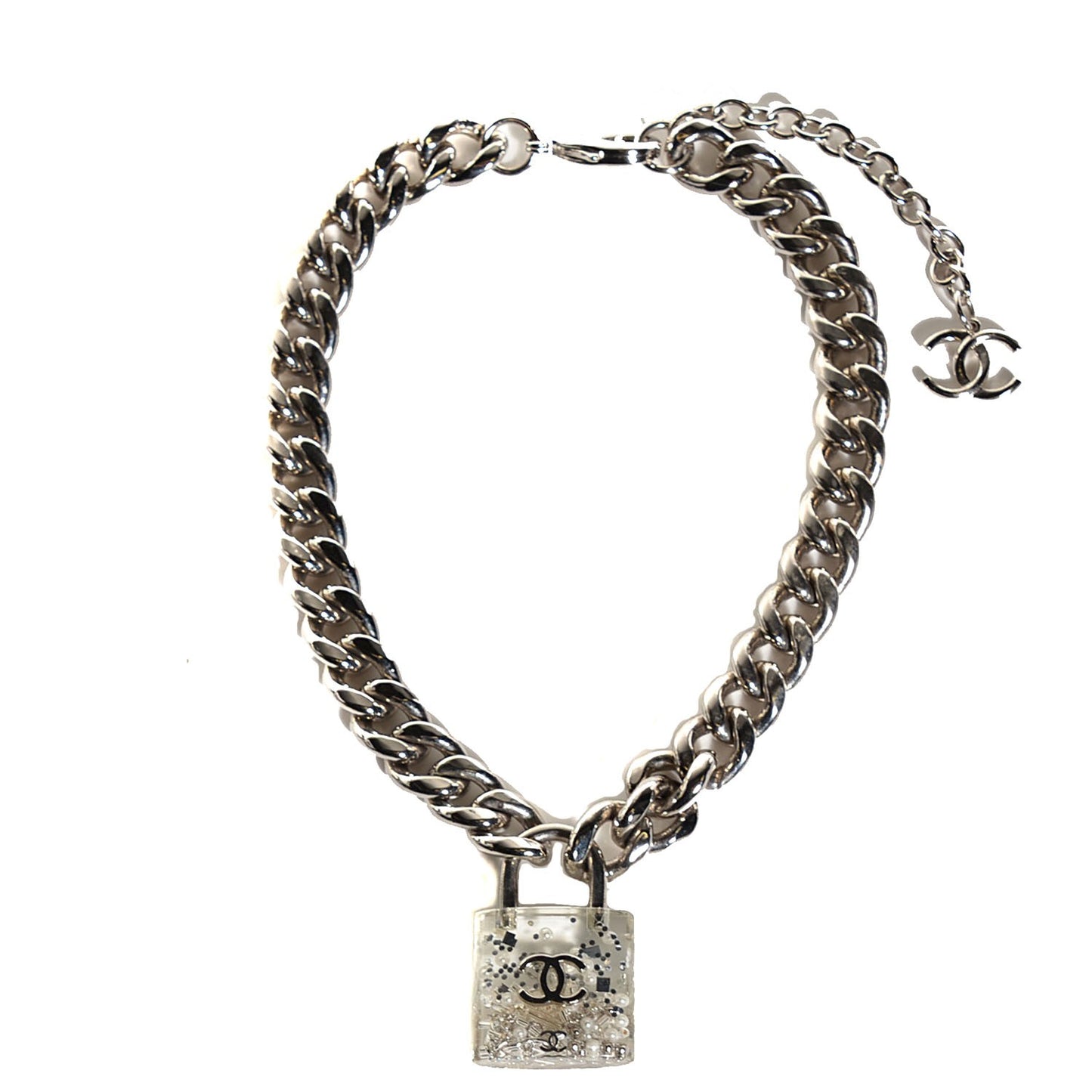 Pearl CC Padlock Necklace Silver