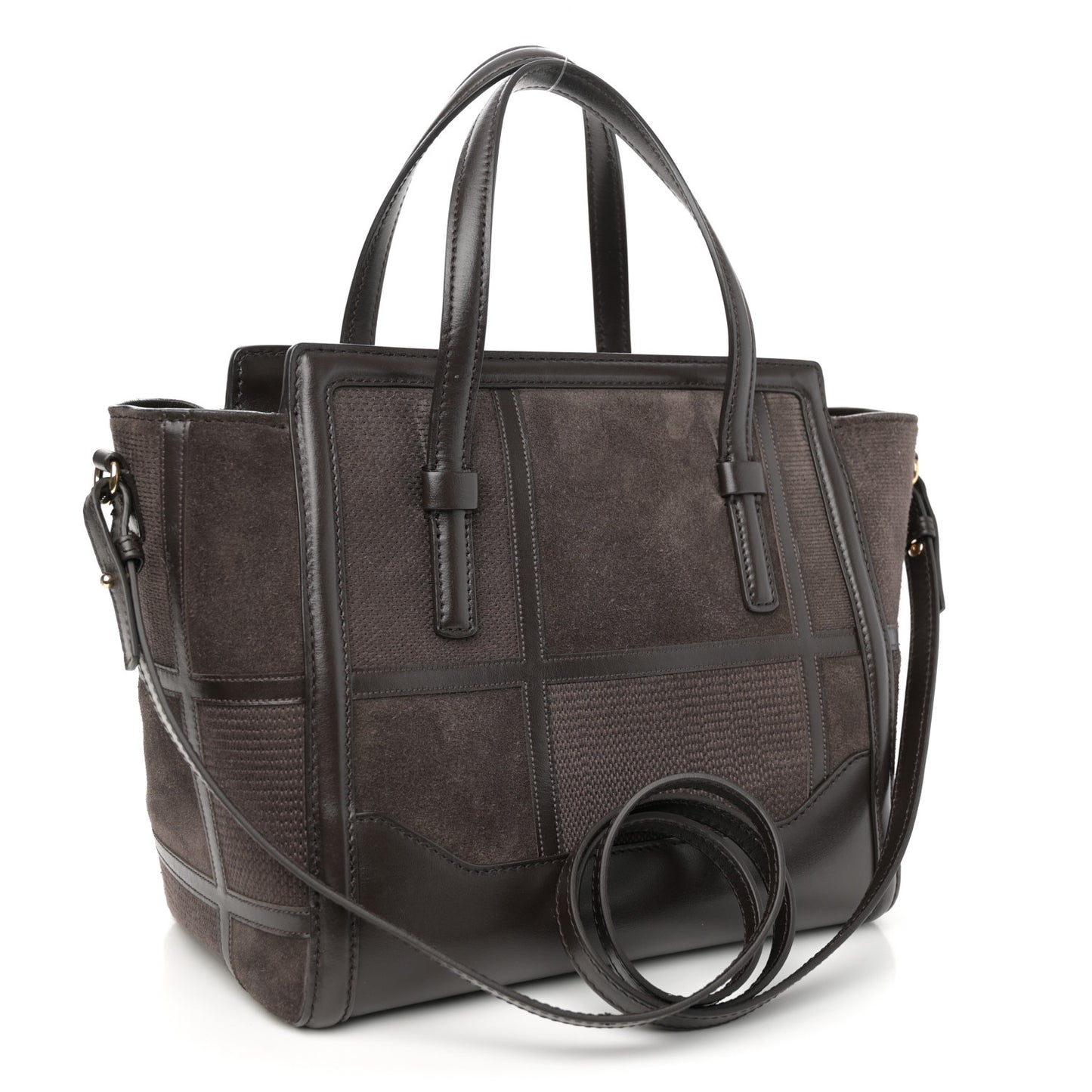Calfskin Suede Patchwork Double Handle Small Amy Tote Deep Brown