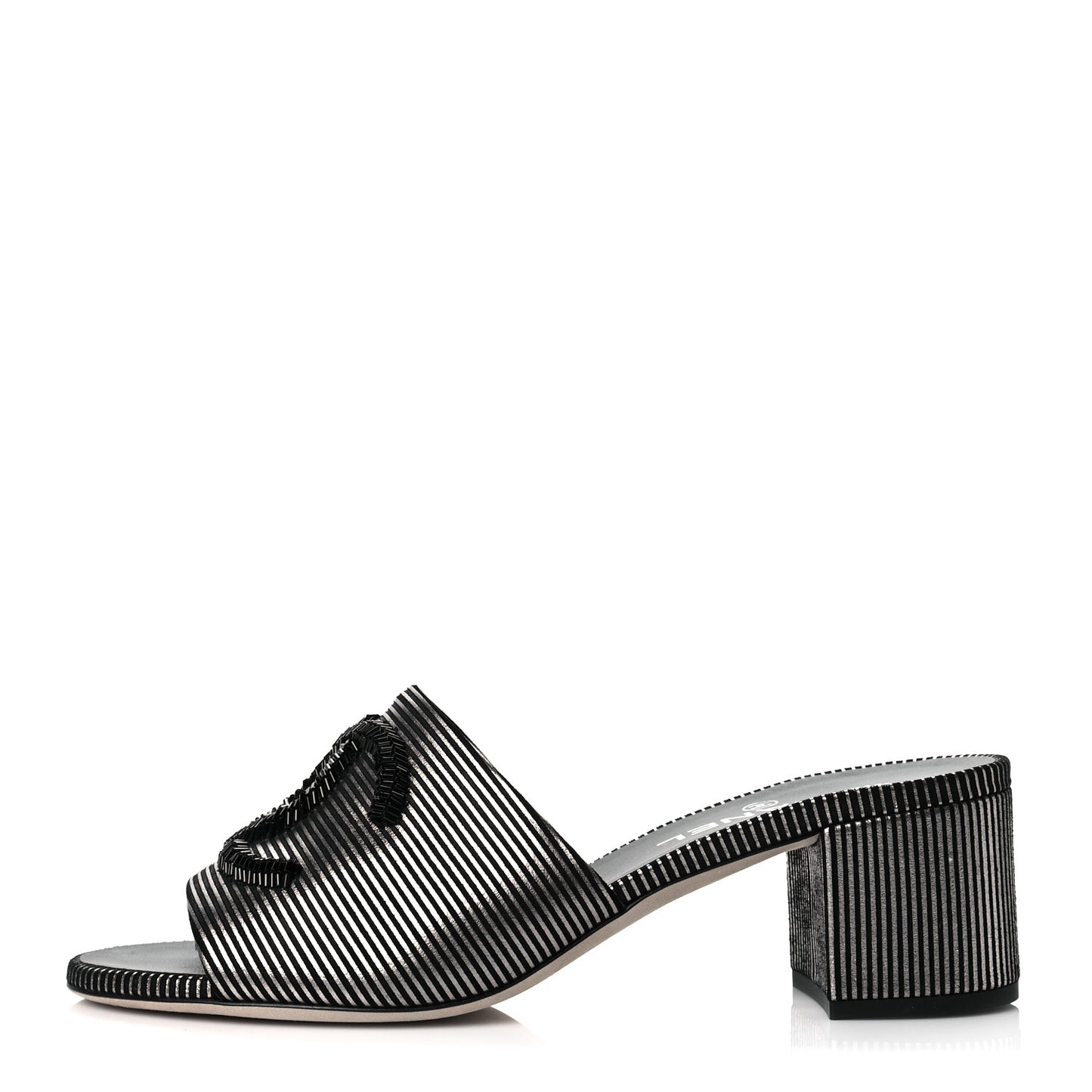 Calfskin Striped Beaded CC Mule Sandals 39 Black