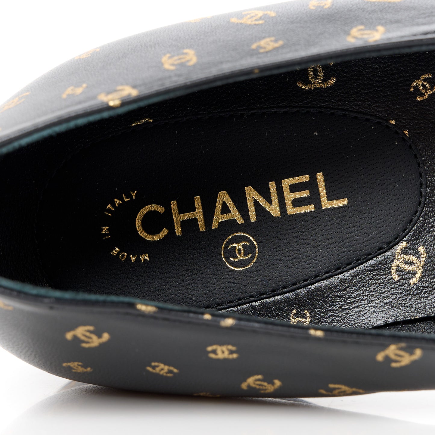 Lambskin Patent Calfskin Printed CC Cap Toe Ballerina Flats 37 Black Gold