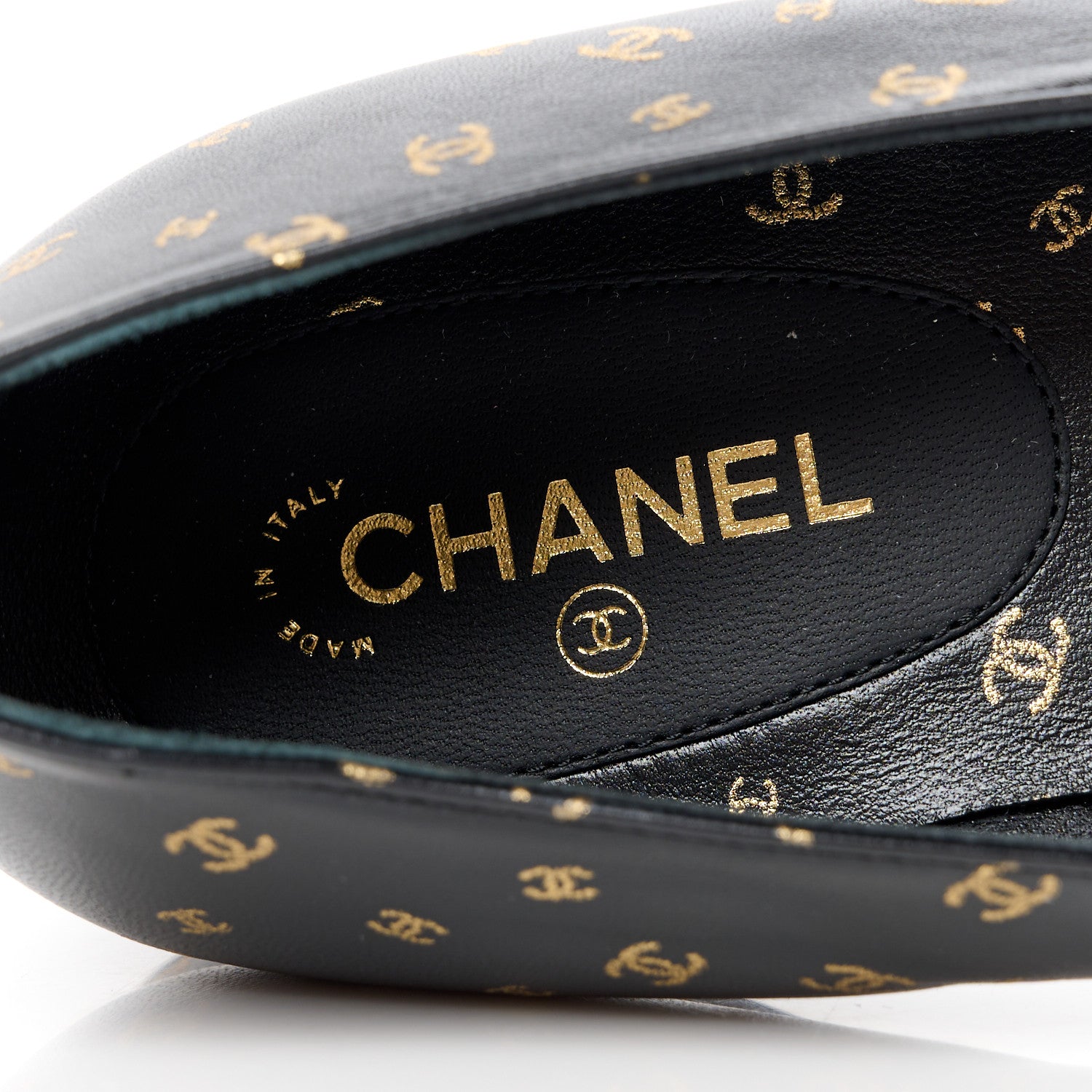 Chanel Lambskin Patent Calfskin Printed CC Cap Toe Ballerina Flats 37 Black Gold 7 of 9