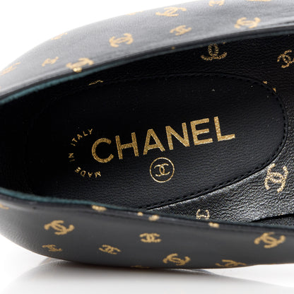 Chanel Lambskin Patent Calfskin Printed CC Cap Toe Ballerina Flats 37 Black Gold 7 of 9