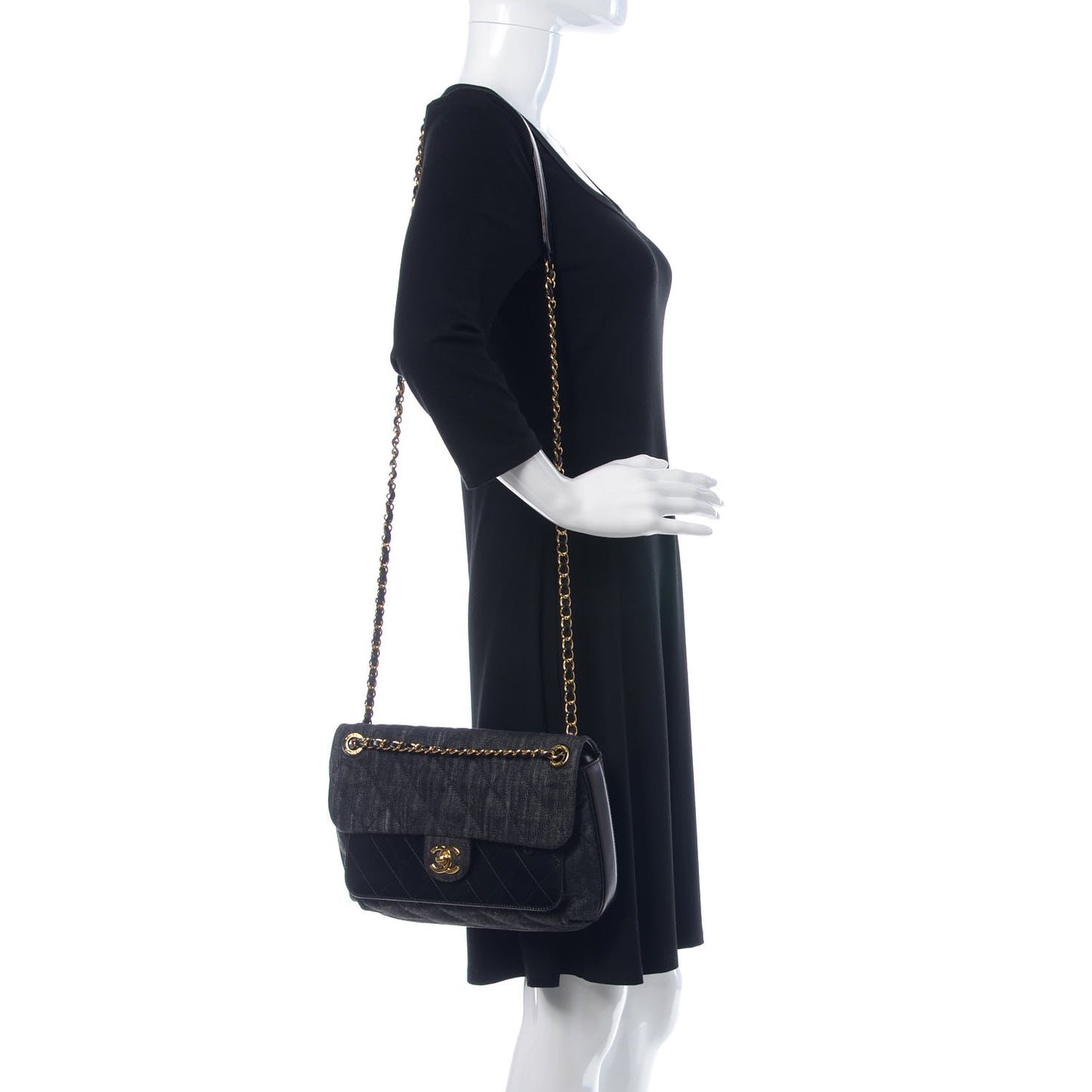 Denim Calfskin Quilted Small Flap Black