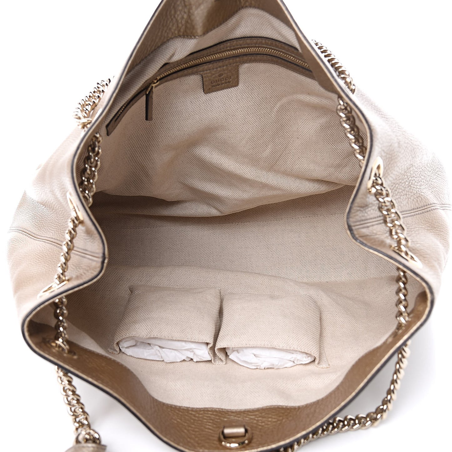 Metallic Pebbled Calfskin Large Soho Chain Shoulder Bag Golden Beige