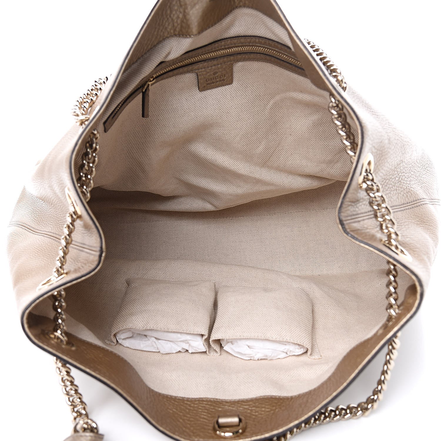 Gucci Metallic Pebbled Calfskin Large Soho Chain Shoulder Bag Golden Beige 5 of 11