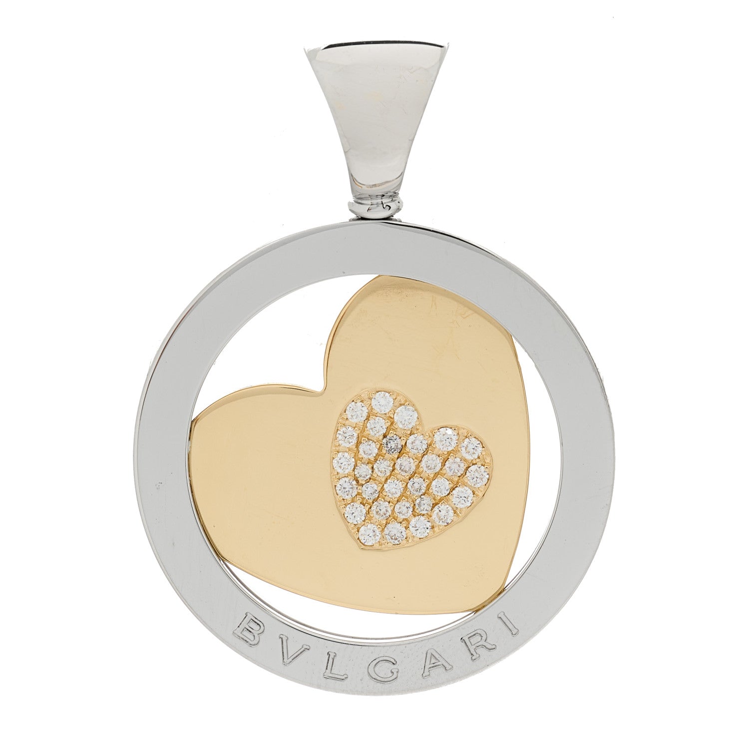 Bulgari Stainless Steel 18K Yellow Gold Diamond Tondo Heart Pendant 1 of 3