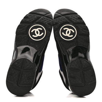 Chanel Suede Velvet Lambskin Mens CC Sneakers 44 Black Blue Silver 6 of 11