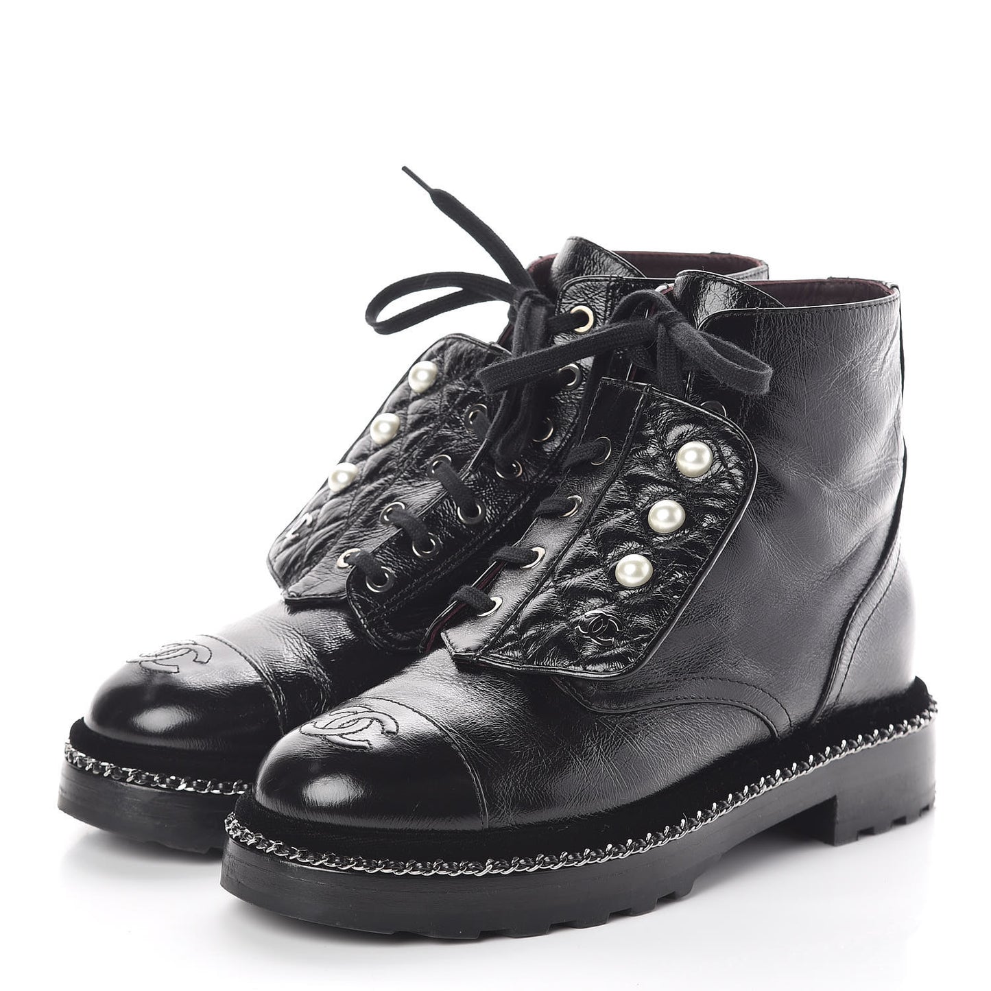 Crackled Calfskin Velvet Pearl Combat Short Boots 38 Black