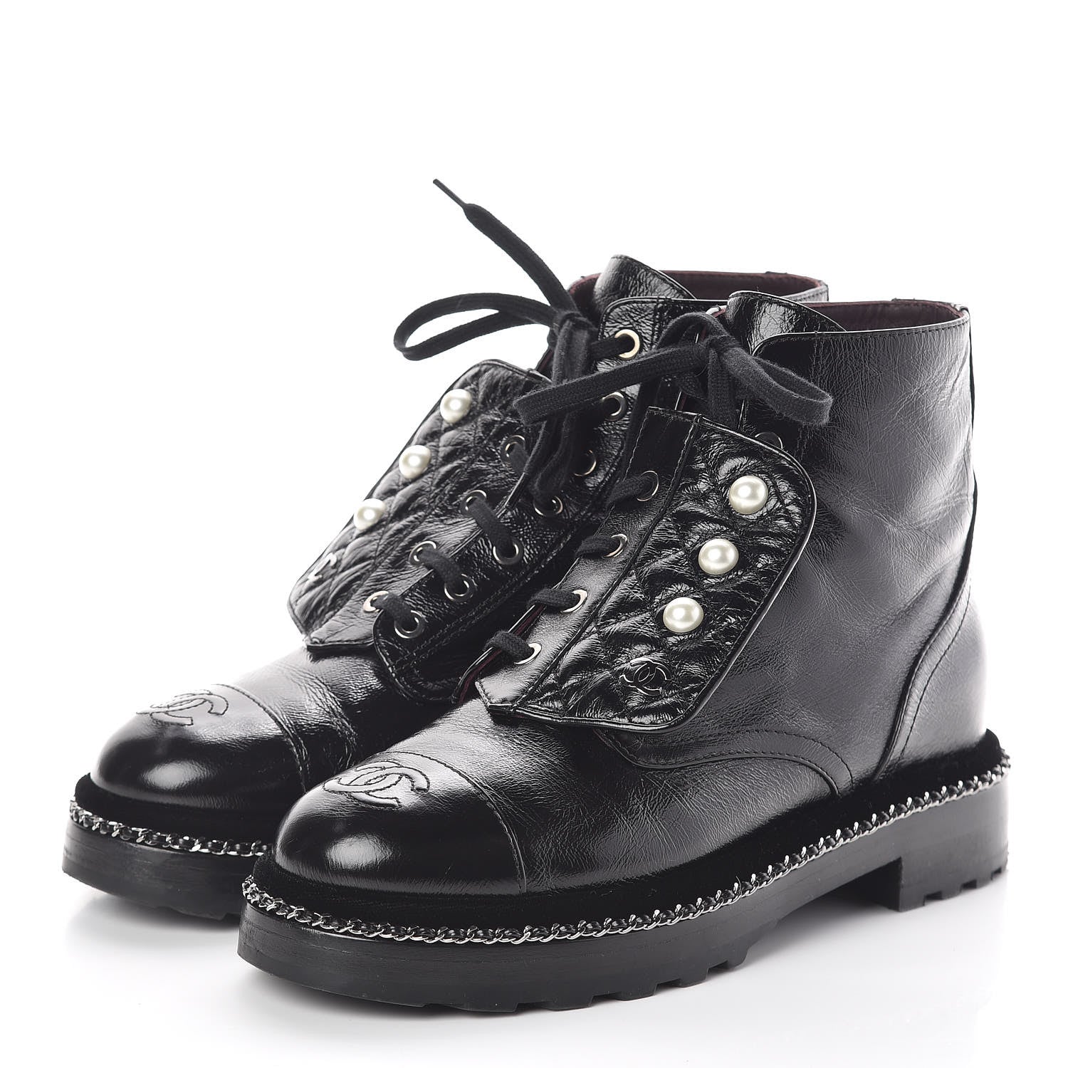 Chanel Crackled Calfskin Velvet Pearl Combat Short Boots 38 Black 3 of 8