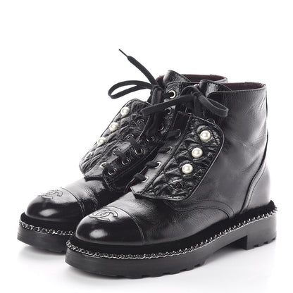 Chanel Crackled Calfskin Velvet Pearl Combat Short Boots 38 Black 3 of 8