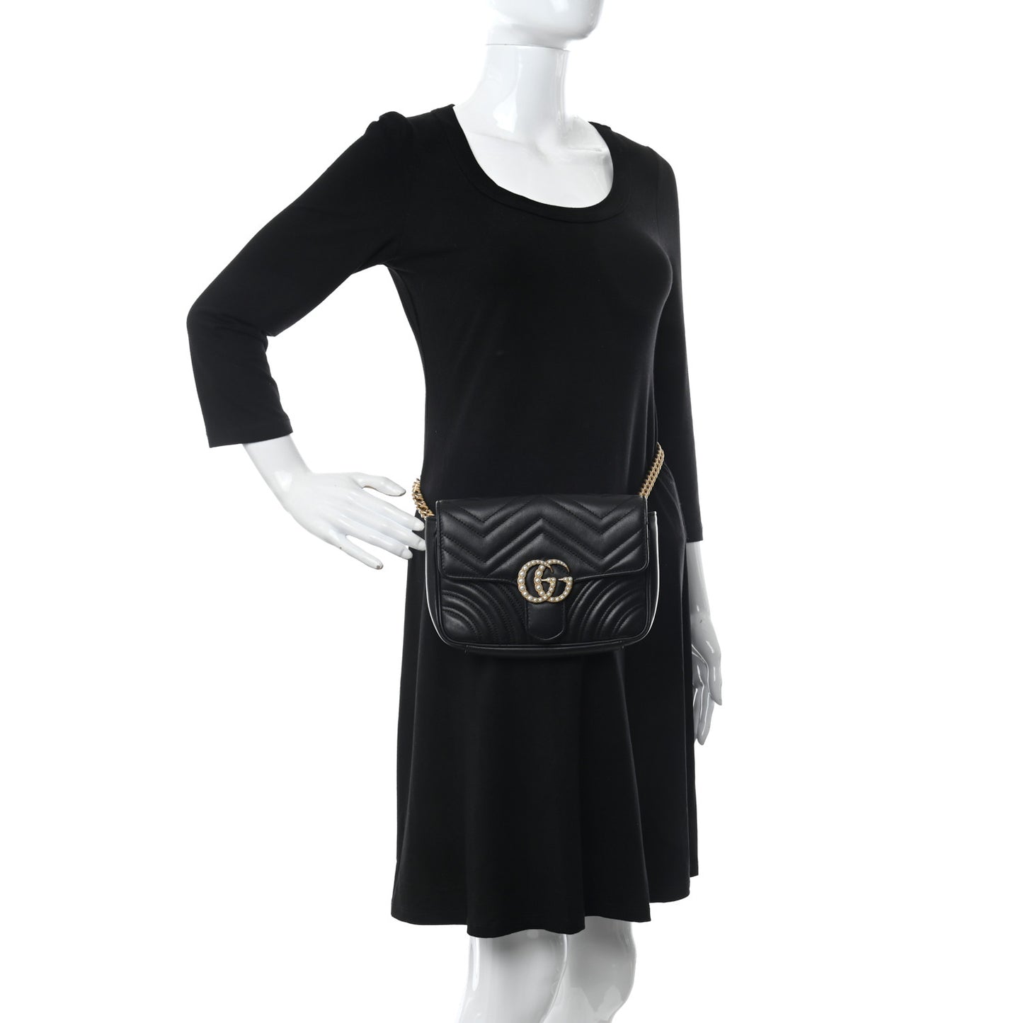 Calfskin Matelasse Pearly GG Marmont Chain Belt Bag Black