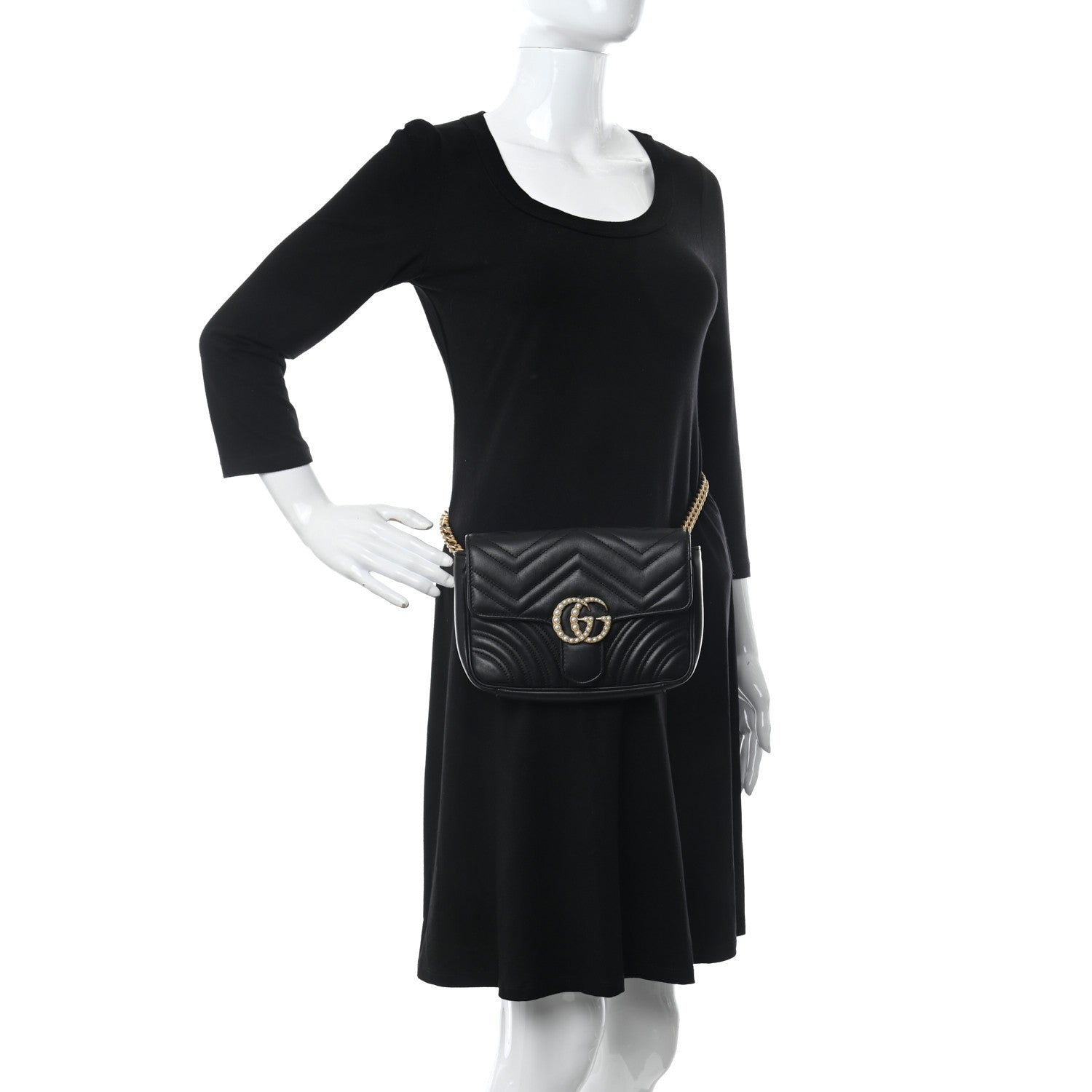 Gucci Calfskin Matelasse Pearly GG Marmont Chain Belt Bag Black 2 of 12