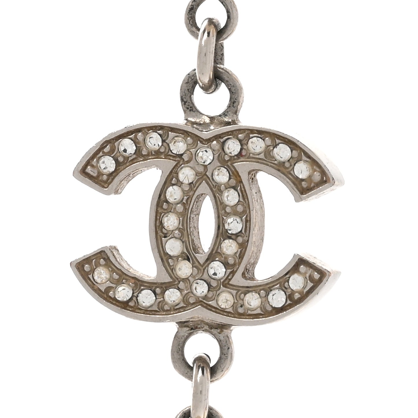 Graduated Pearl Crystal CC Long Necklace Silver