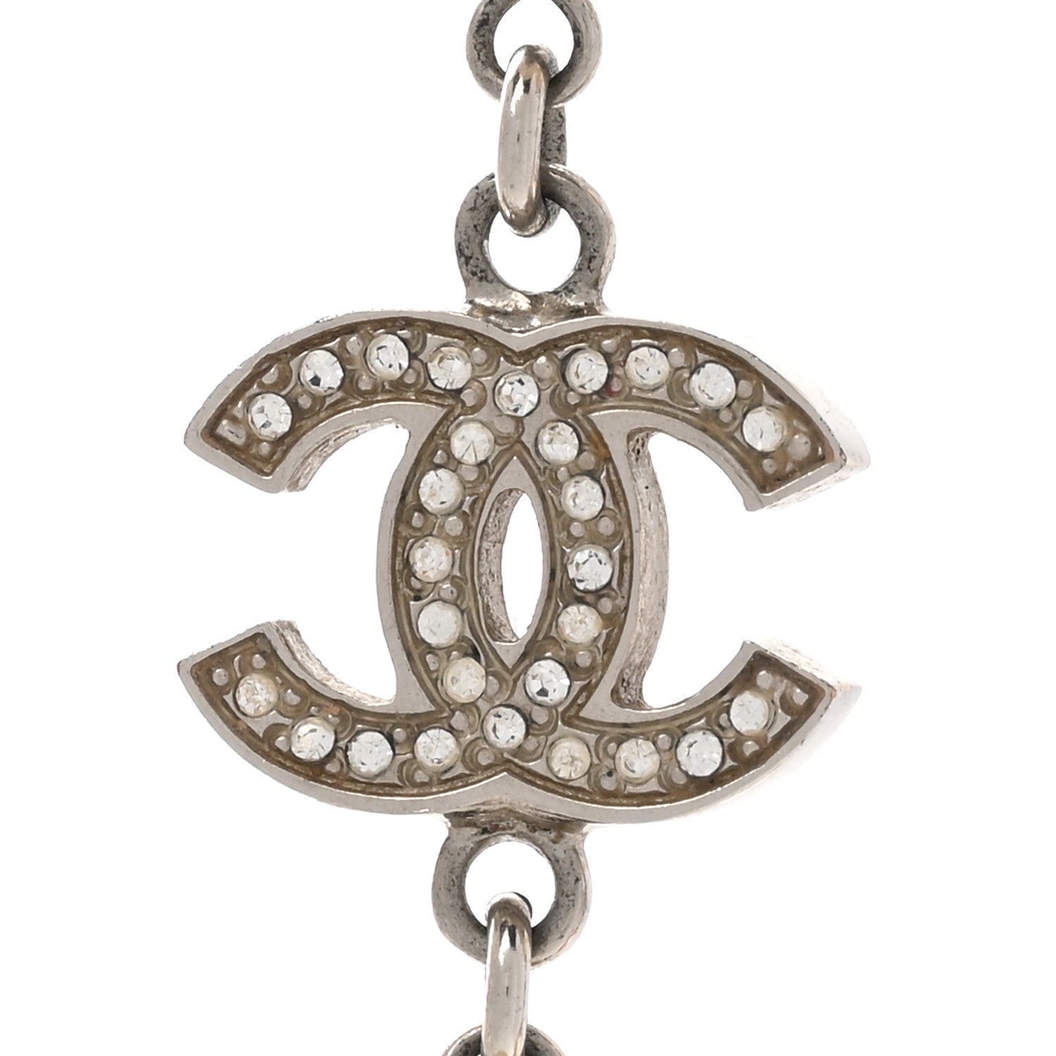 Chanel Graduated Pearl Crystal CC Long Necklace Silver 4 of 9