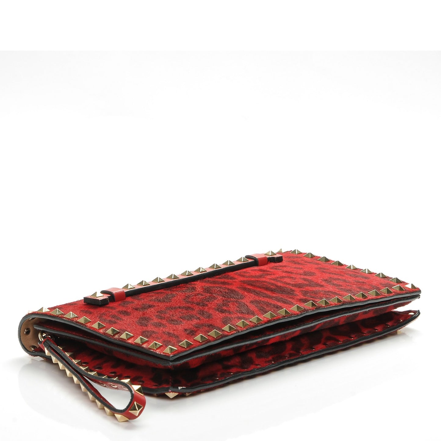 Calf Hair Leopard Print Rockstud Wristlet Clutch Red