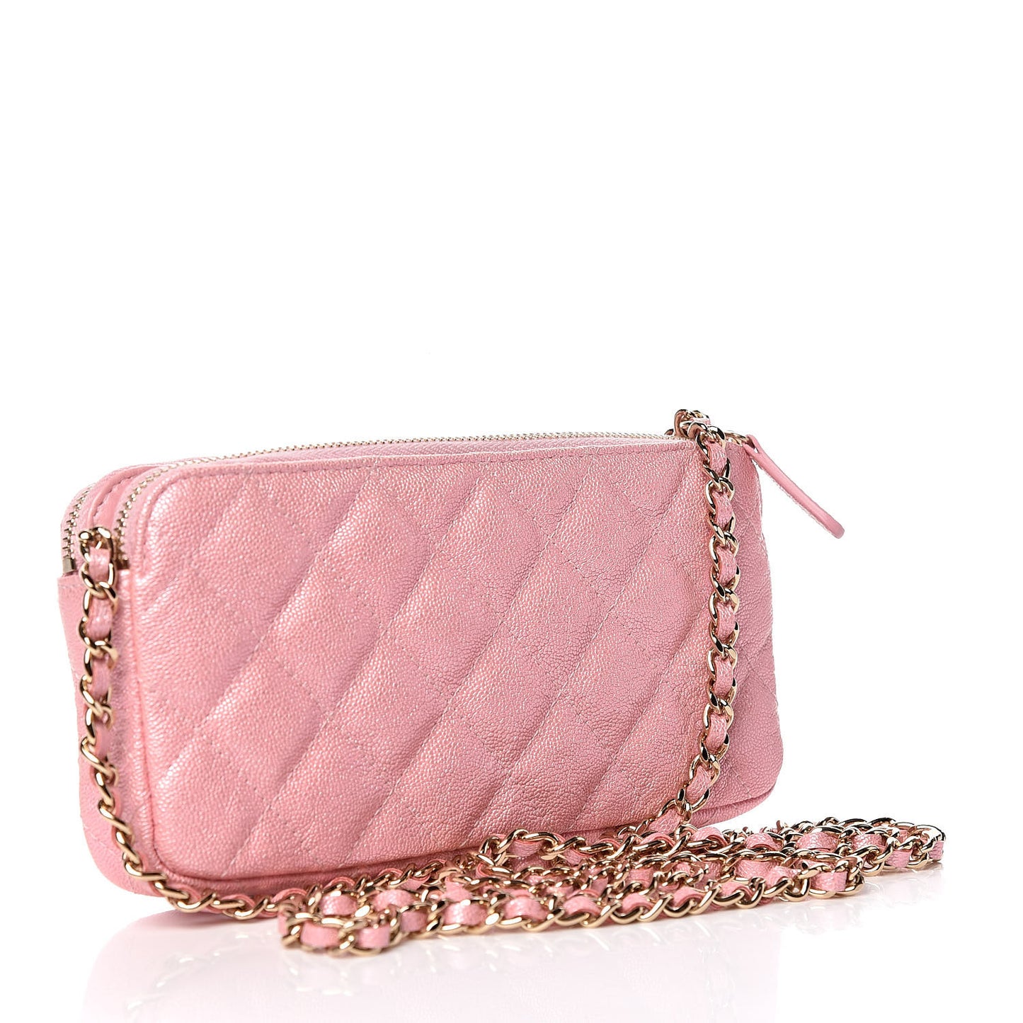 Iridescent Caviar Quilted Small Clutch With Chain Pink