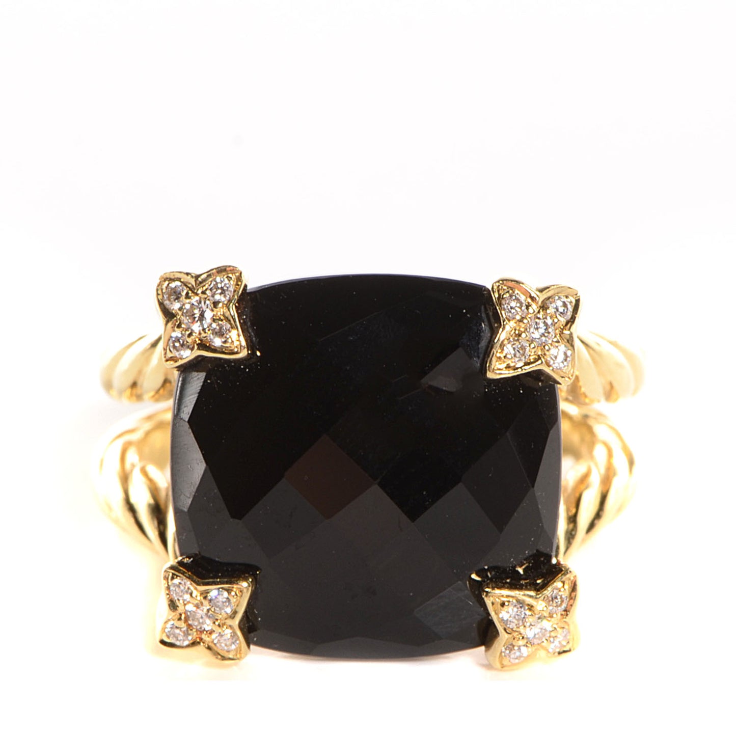 18k Yellow Gold Black Onyx Pave Diamond 15mm Cushion On Point Ring 7