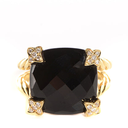 David Yurman 18k Yellow Gold Black Onyx Pave Diamond 15mm Cushion On Point Ring 7 1 of 6