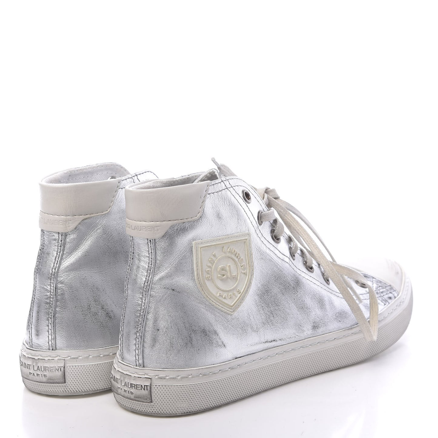Distressed Calfskin Bedford Logo-Appliqued Hightop Sneakers 38 Argento Cream White