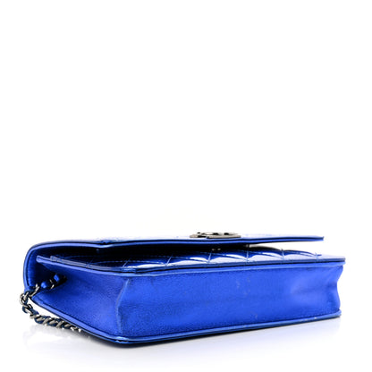 Chanel Metallic Patent Calfskin Quilted Boy Wallet on Chain WOC Blue 4 of 15
