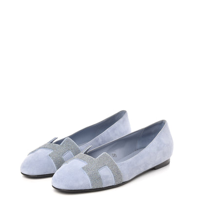Hermes Suede Goatskin Crystal Powdered Nice Ballerina Flats 38 Bleu Glacier 3 of 10