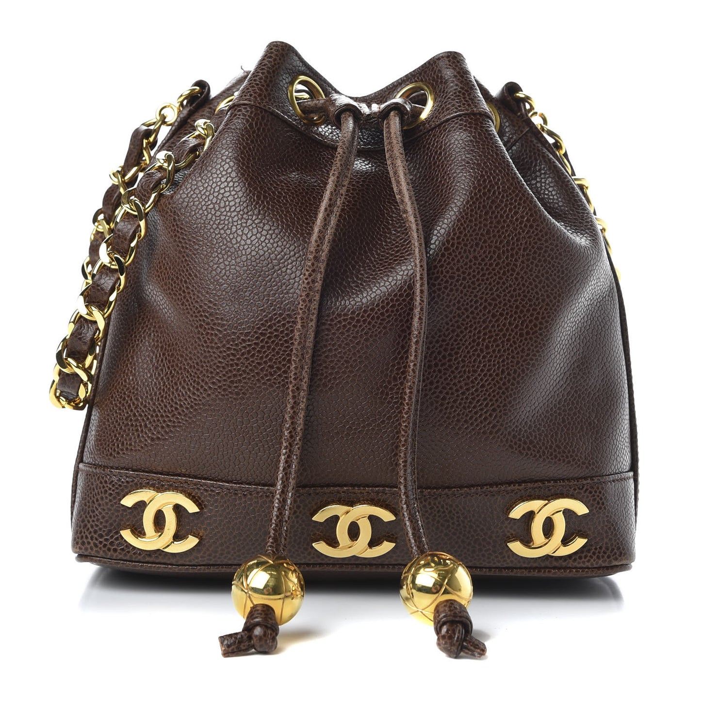 Caviar Drawstring Bucket Bag Brown