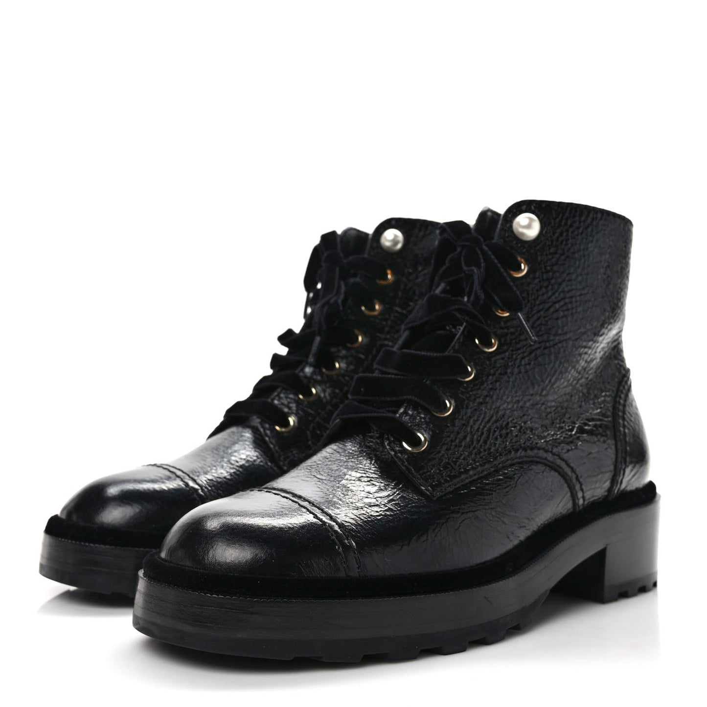 Shiny Calfskin Velvet Pearl Combat Short Boots 38.5 Black