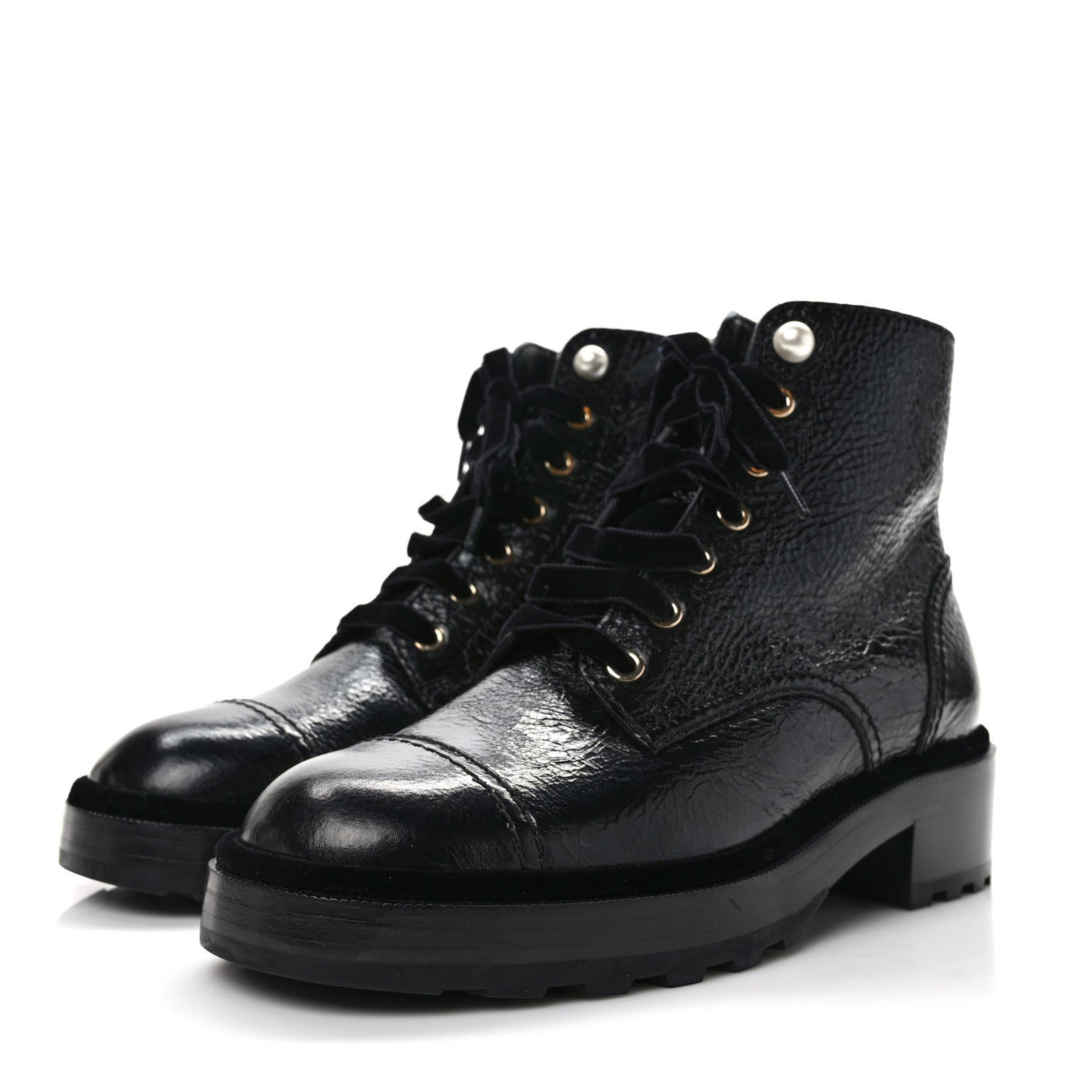 Chanel Shiny Calfskin Velvet Pearl Combat Short Boots 38.5 Black 3 of 8