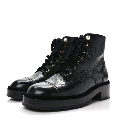 Chanel Shiny Calfskin Velvet Pearl Combat Short Boots 38.5 Black 3 of 8